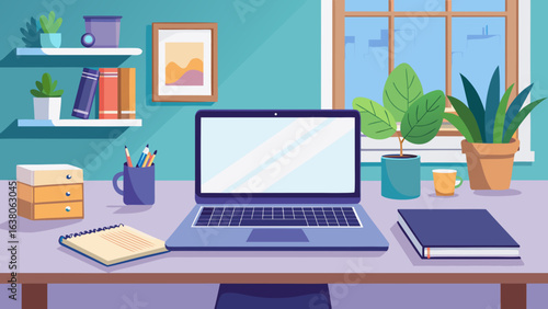 Vector art of a modern home office desk setup featuring a laptop, notebook, plants, and books, creating a productive and comfortable workspace for remote work