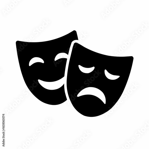 An isolated vector icon illustrates theatrical comedy and tragedy masks against a black background, symbolizing the duality of drama