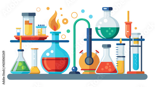 Vector art of colorful laboratory setup with various glassware, chemicals, and a flame, representing scientific research and experiments