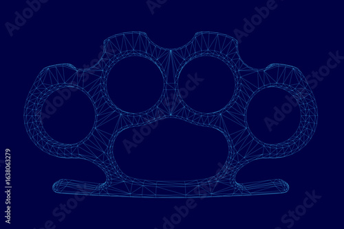 Brass knuckles wireframe model with clean geometric lines and metallic sheen, isolated on a solid blue background. The 3D illustration highlights the weapon's structure with precision and simplicity.
