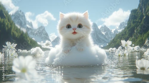 A cute cartoon cat rides a magical floating cloud.