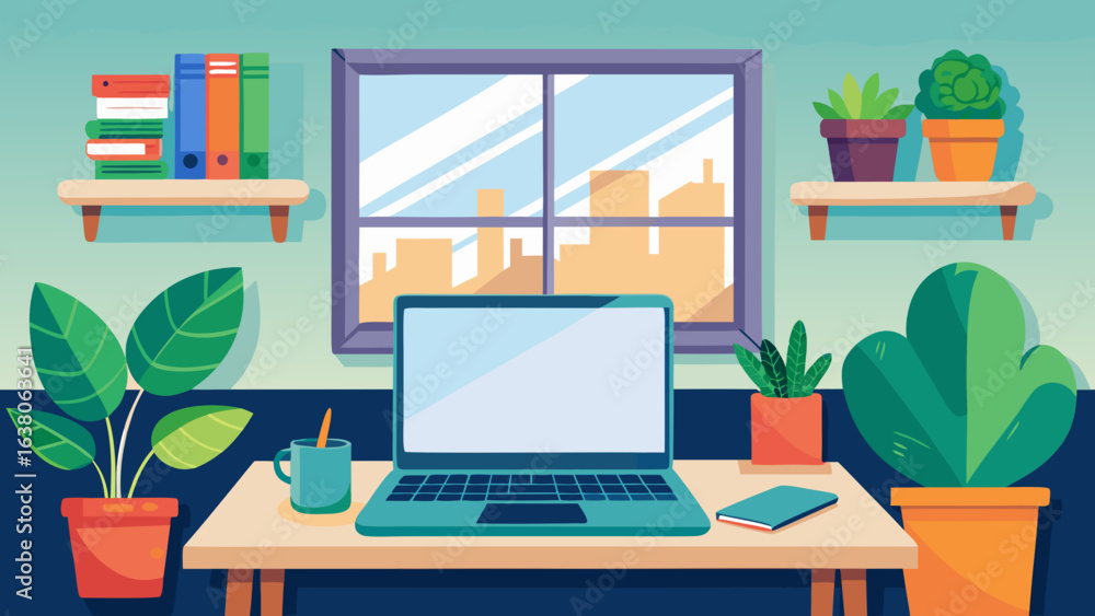 Fototapeta premium Vector art of bright and airy home office with a laptop on a wooden desk, surrounded by plants and a window overlooking a city skyline