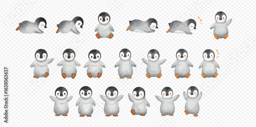 A charming collection of illustrated baby penguin chicks in various cute poses and expressions, isolated on a transparent background.