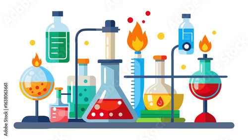 Vector art of vibrant chemistry laboratory setup with various glassware, liquids, and flames, symbolizing scientific research and discovery