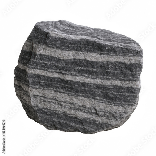 Close-up of a rough, layered gneiss rock specimen showcasing distinct dark and light mineral bands with a textured surface.