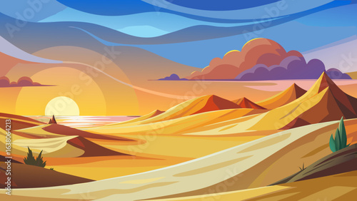 Vector art of a picturesque desert vista during a golden hour sunset, showcasing layered sand dunes, a distant ocean, and a sky filled with warmtoned clouds and light