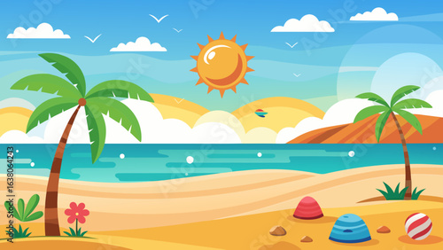 Vector art of idyllic tropical beach scene with palm trees, crystal clear turquoise water, and golden sand under a bright sunny sky with fluffy clouds, perfect for vacation