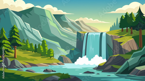 Vector art of majestic waterfall cascading down rocky cliffs into a clear blue river, surrounded by lush green forests and majestic mountains under a bright sky