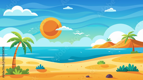 Vector art of vibrant cartoon illustration of a tropical beach scene with palm trees, a bright sun, blue ocean, and sandy shore, evoking a sense of summer vacation and paradise