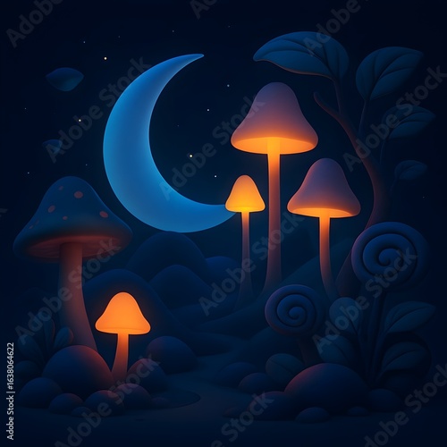 Glowing Mushrooms Under Crescent Moon in Fantasy Forest