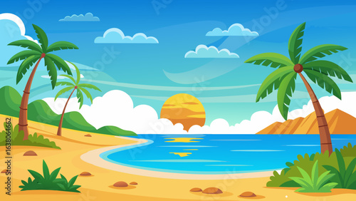 Vector art of a picturesque tropical beach scene at sunset, with golden sand, clear blue water, and silhouetted palm trees under a vibrant sky, creating a serene and idyllic paradise