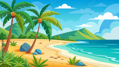 Vector art of idyllic tropical beach with swaying palm trees, crystal clear blue water, and lush green mountains in the background, perfect for a summer getaway