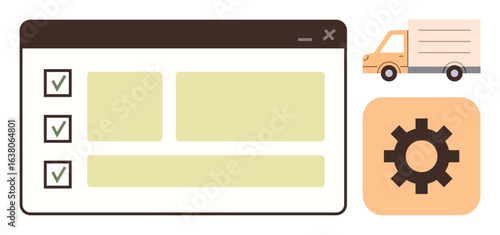 Application window with checklist, gear for settings, and delivery truck. Ideal for logistics, task organization, supply chain, e-commerce, delivery tracking, process automation simple flat metaphor