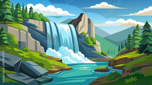 Vector art of a majestic waterfall cascades down a rocky cliff face into a clear blue river, surrounded by lush green forests and rolling mountains under a bright sky