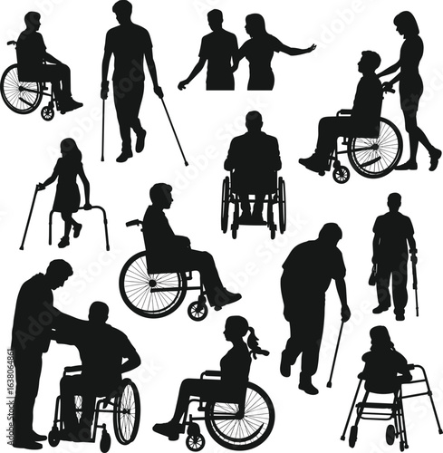 Silhouettes of disabled people with mobility aids, wheelchairs, walking sticks, caregiver assistance, rehabilitation, elderly support, disability care, healthcare scene.