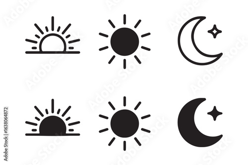 Sun and moon icons set. Screen brightness and contrast level signs. Day and Night icon symbol