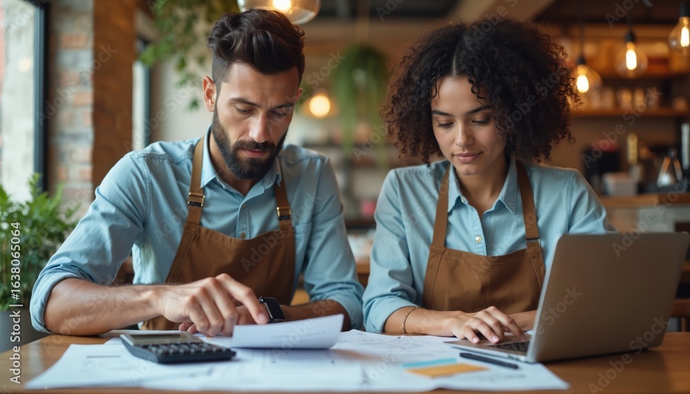 Obraz premium Two young cafe owners, African American woman, man, collaborate on bookkeeping. Analyze finances, review paperwork, use laptop, calculator to track expenses, revenue for small business startup.