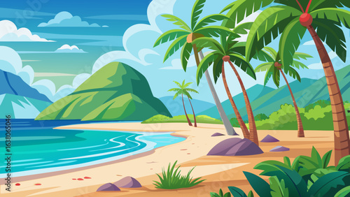 Vector art of tropical island beach with palm trees and turquoise water under a blue sky with clouds