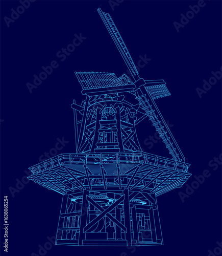 Windmill blueprint on a blue background features a detailed contour design with a tall tower and intricate mechanical elements. The white windmill stands out vividly against the deep blue backdrop.