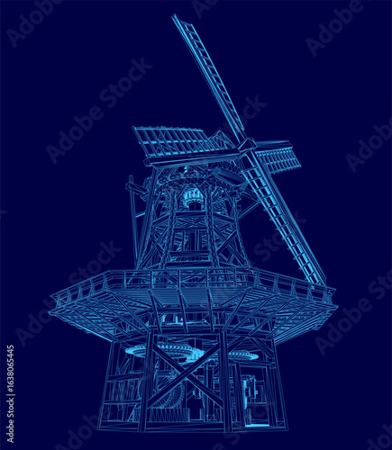 A blue Dutch windmill stands prominently against a dark blue background, creating a bold contrast. The traditional design features a tall tower and rotating blades.