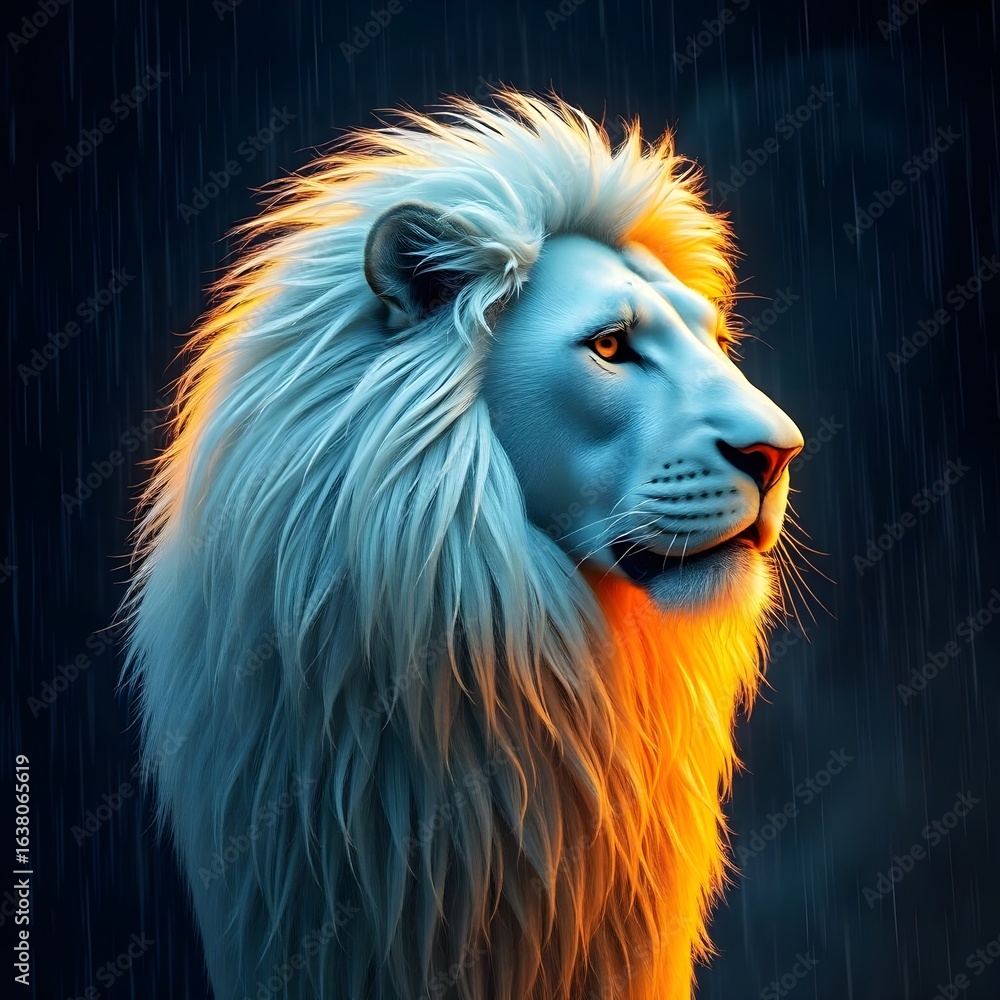 Fototapeta premium Celestial Lion Spirit: Ethereal White Lion Profile with Cosmic Ribbons & Nebula Halo in Starry Space - Mystical Digital Art of Divine Majesty