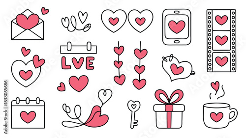 Valentine's Day Doodle Set Hearts, Love Calendar, Gift, Key, Phone, and More Icons