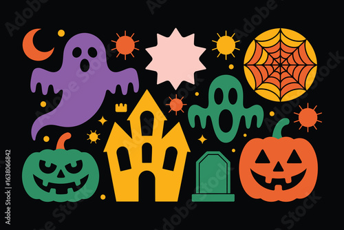 Halloween vector clipart collection with ghosts pumpkins haunted house grave spiderweb stars moon sun colorful spooky illustration for kids