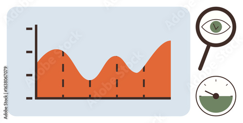 Orange fluctuating graph with dashed lines, magnifying glass focused on an eye, circular gauge. Ideal for analytics, monitoring, statistics, performance, insights, research data trends simple flat