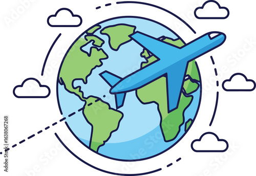 A blue airplane circles a stylized globe, representing international travel, flight, and tourism.