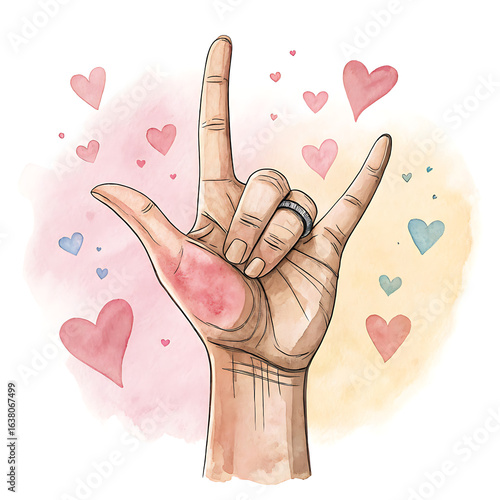 Elegant watercolor clipart of the ASL 'I love you' hand sign. A romantic and expressive illustration of love and communication with hearts.