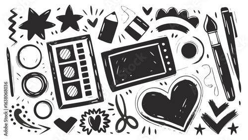 Hand drawn art supplies and design elements including stars hearts and art tools in black and white style