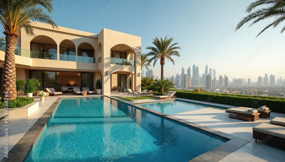 Fototapeta premium Luxurious Dubai villa contemporary architecture with private pool, expansive garden. Offers stunning views of Dubai skyline. Modern estate represents high-end living, relaxation in prime real estate