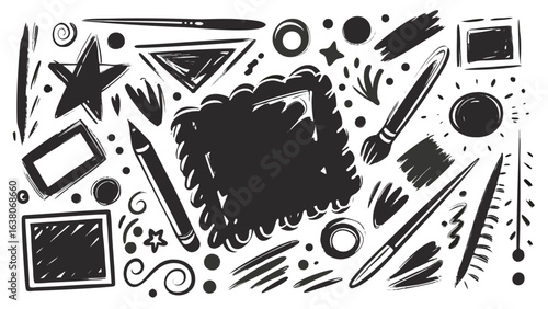 Black and white artistic composition with brush strokes shapes and drawing tools illustration design element