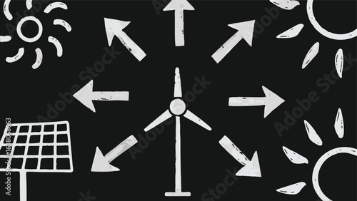 Illustration depicting renewable energy sources including solar panels wind turbine and suns with arrows