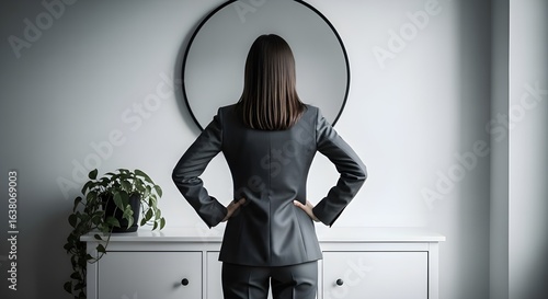 Businesswoman in suit standing in front of mirror with hands on hips