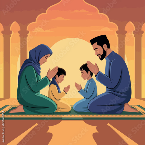 Muslim Family Praying Together in Mosque Sunset Islamic Art