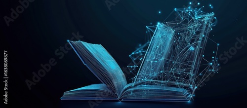 Book and laptop. Low poly wireframe online education blue background or concept with opened book. Digital illustration. Online reading or courses. Abstract polygonal image of notebook on laptop