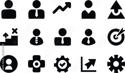 Manager icon set. Containing leadership, supervision, hiring, coaching, management, development, organization, teamwork and delegation icons. Solid icons collection. Vector illustration.