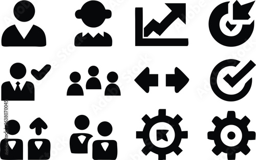 Manager icon set. Containing leadership, supervision, hiring, coaching, management, development, organization, teamwork and delegation icons. Solid icons collection. Vector illustration.