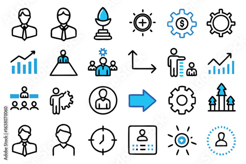Manager icon set. Containing leadership, supervision, hiring, coaching, management, development, organization, teamwork and delegation icons. Solid icons collection. Vector illustration.