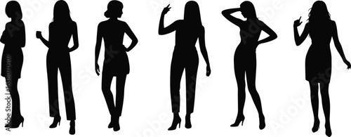 Silhouettes of six standing women, various poses, high heels, stylish female figures, black vector, fashion illustration, elegant women design.