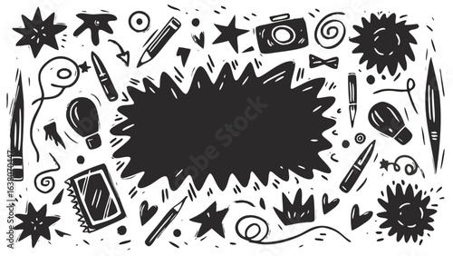 Hand drawn doodle elements with a central burst shape including stationery and decorative items design vector
