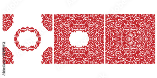 Decorative frame and border in folk style. Vector design. Elegant decorative frame and border elements in baroque style. Includes corner elements, rectangular frame and central ornament
