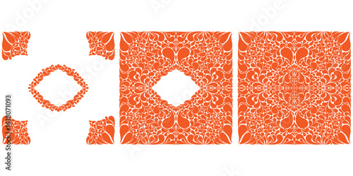 Decorative frame and border in folk style. Vector design. Elegant decorative frame and border elements in baroque style. Includes corner elements, rectangular frame and central ornament
