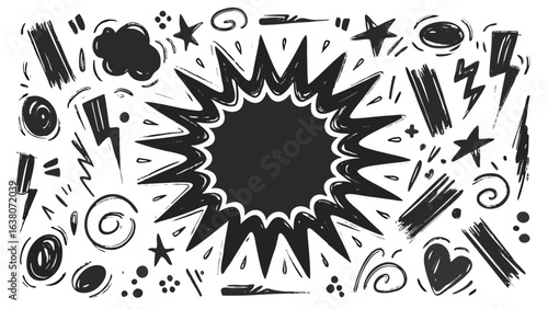 Hand drawn comic style explosion with stars, lightning bolts, and abstract shapes surrounding it perfectly