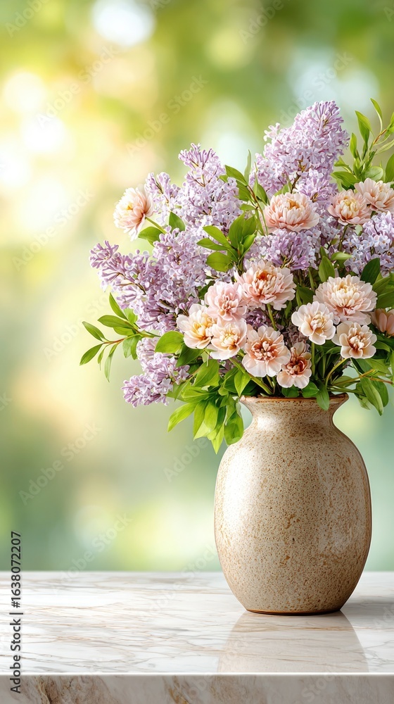 custom made wallpaper toronto digitalSeasonal floral bouquet arrangement High-demand nature arrangement Elegant Bouquet of Lilacs and Peonies in Rustic Vase on Marble Surface with vibrant seasonal appeal for home and event decoration,