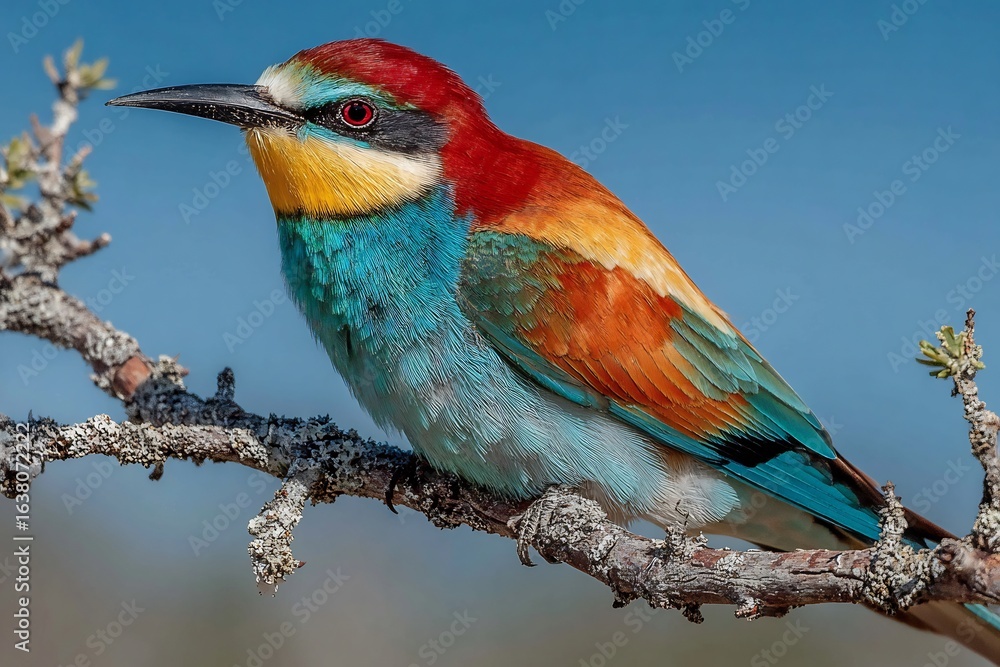 Obraz premium Stunning European bee-eater perched gracefully on lichen covered branch against clear blue sky, vibrant plumage