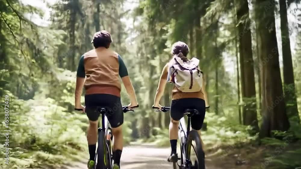 A Couple Cycling on a Forest Path with Tall Trees A Couple Cycling on a Forest Path with Tall Trees