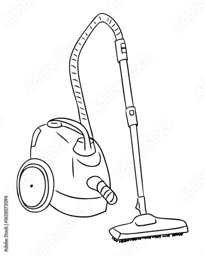 Vacuum cleaner illustration with hose and floor nozzle, hand drawn vector image, home cleaning concept