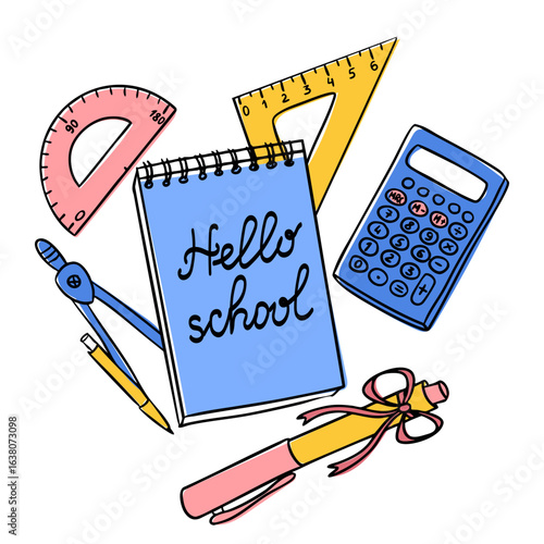 School supplies illustration with notebook, calculator, rulers and stationery, hand drawn vector image, education concept